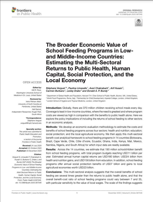 The Broader Economic Value of School Feeding Programs in Low- and Middle-Income Countries: Estimating the Multi-Sectoral Returns to Public Health, Human Capital, Social Protection, and the Local Economy