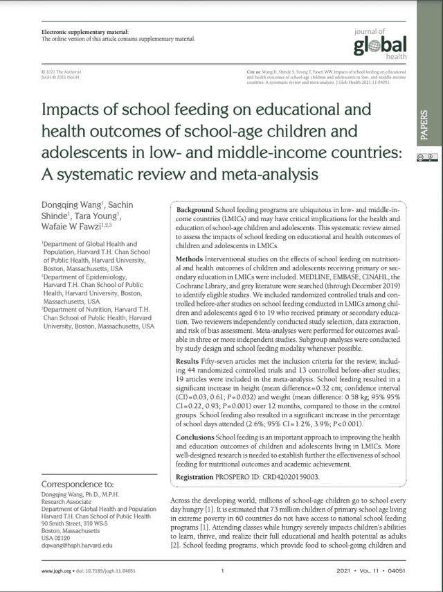 Impacts of school feeding on educational and health outcomes of school-age children and adolescents in low- and middle-income countries: A systematic review and meta-analysis 
